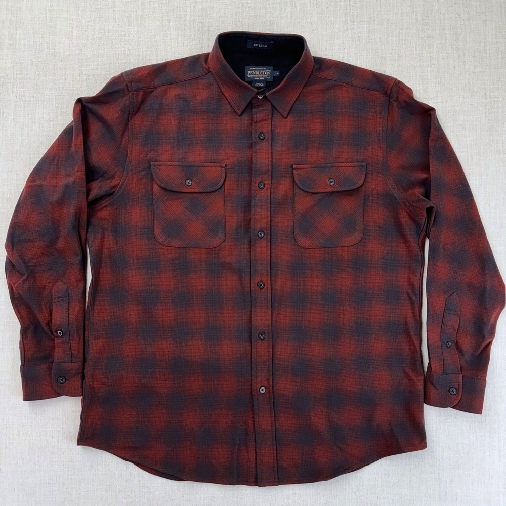 Pendleton Maverick Mens Large Red Navy Blue Plaid Virgin Wool Flannel Shirt